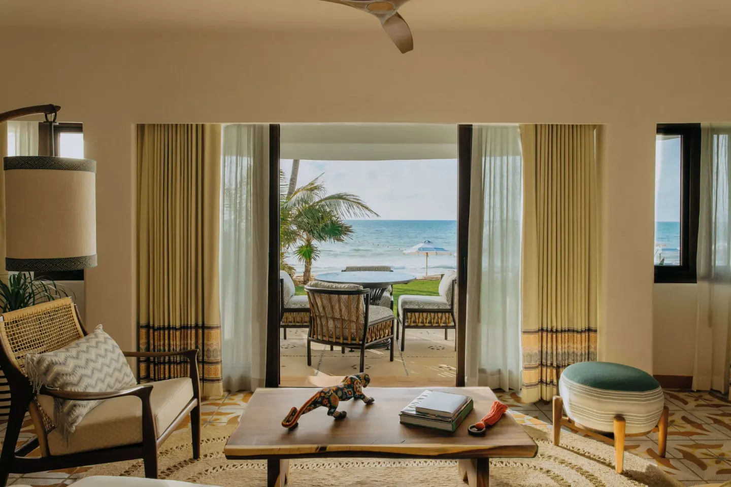 Oceanfront suite sitting area with terrace and sea view at Maroma, Riviera Maya.