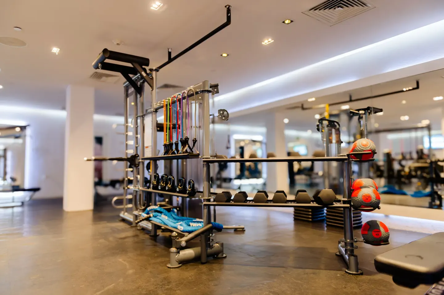Fitness center with weights, bands, and strength equipment at Marquis Los Cabos.