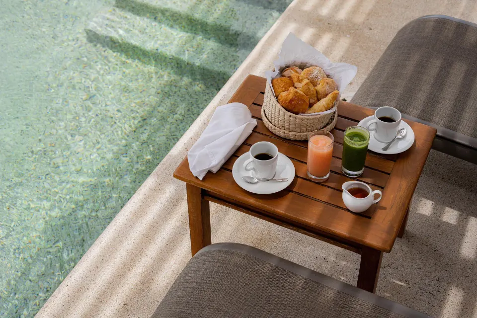 Breakfast tray by the Garden View Casita plunge pool at Marquis Los Cabos.