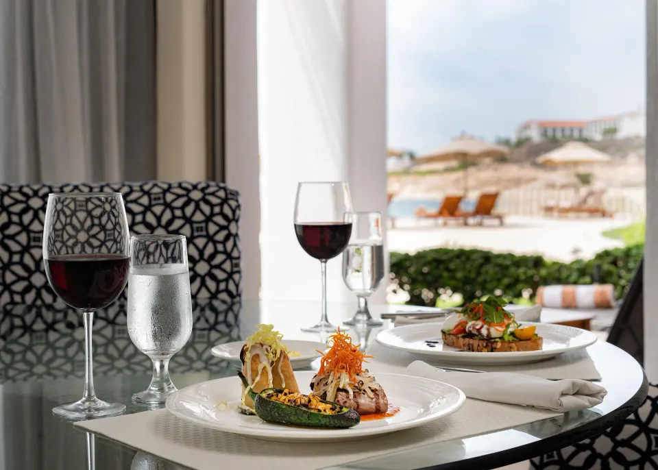 In-room dining set on an Ocean View Casita table at Marquis Los Cabos.