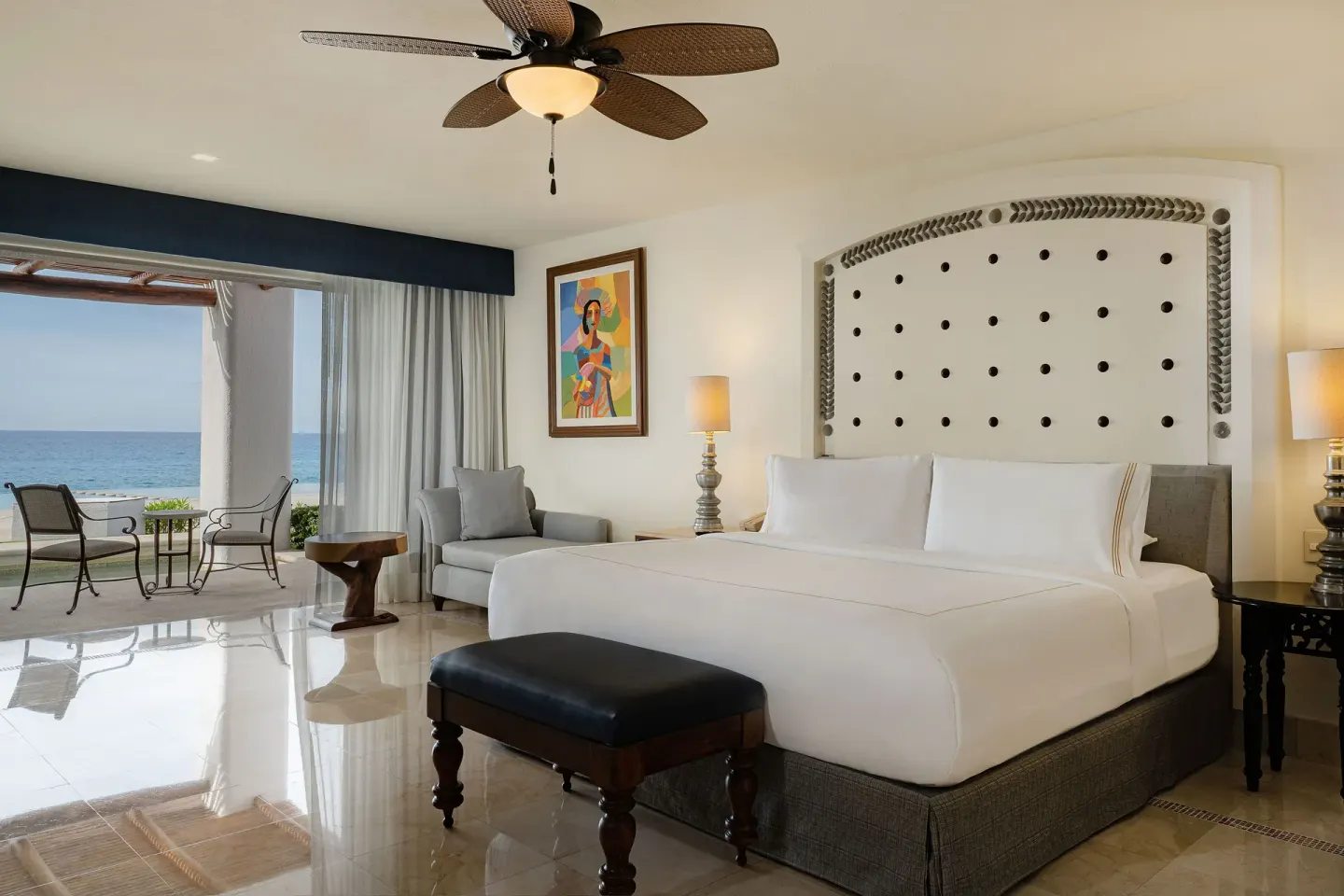Ocean View Casita king bedroom with terrace and sea view at Marquis Los Cabos.
