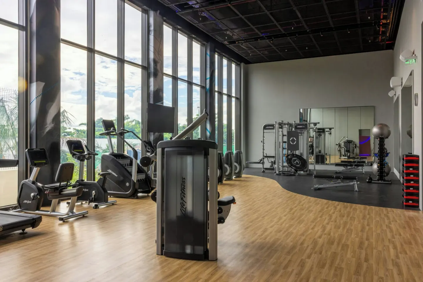 Fitness center with cardio machines and weight equipment at Marriott Cancun.
