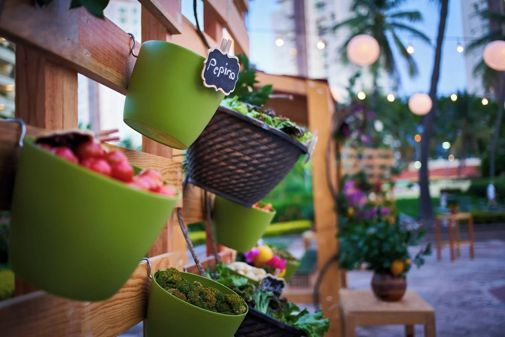 Garden display with hanging vegetable baskets at Marriott Puerto Vallarta Resort & Spa.
