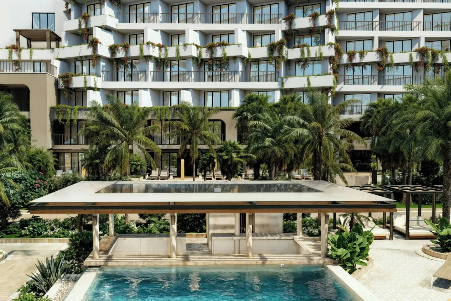 Pool courtyard below guest balconies at Marriott Puerto Vallarta Resort & Spa.