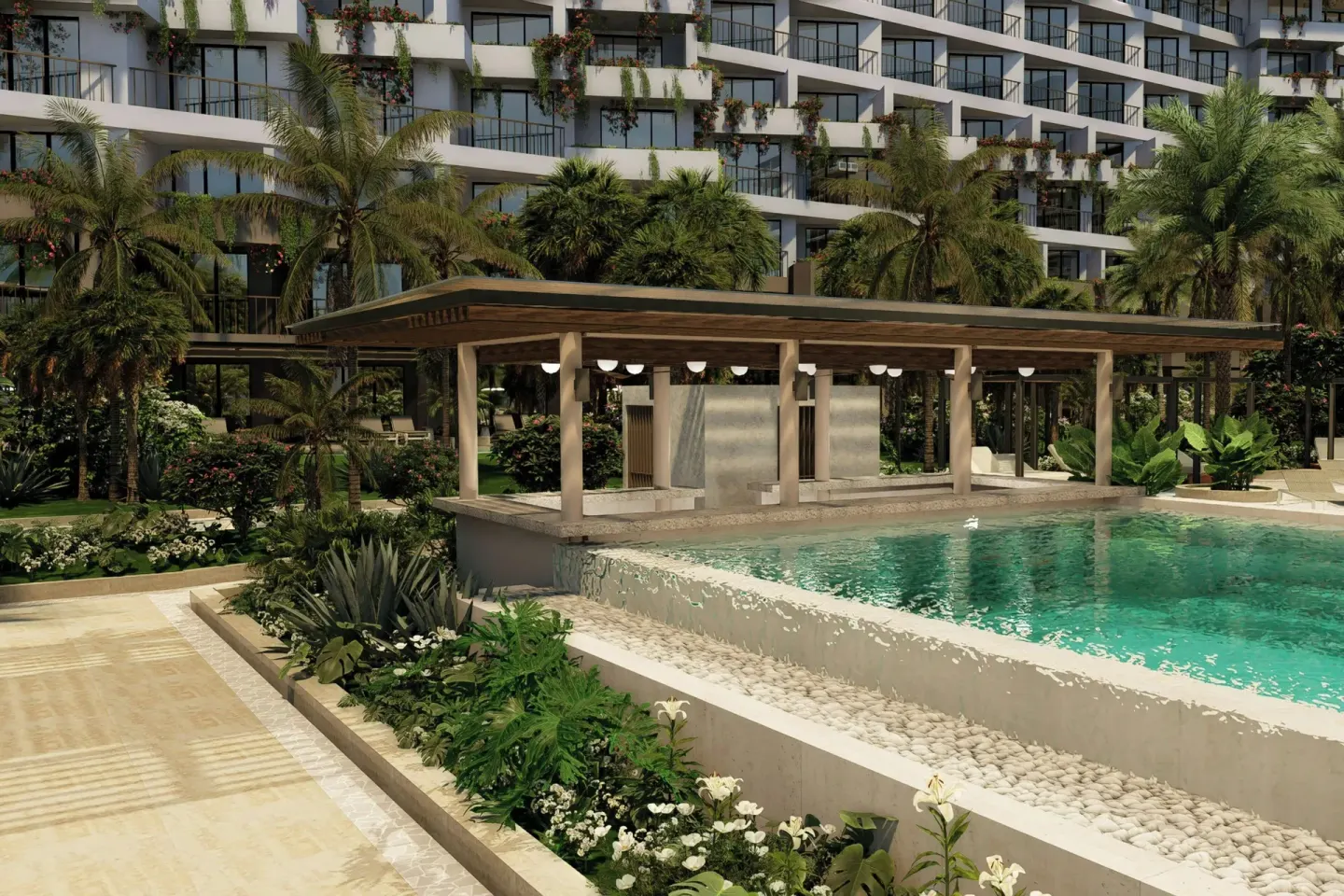 Pool pavilion beside turquoise water at Marriott Puerto Vallarta Resort & Spa.