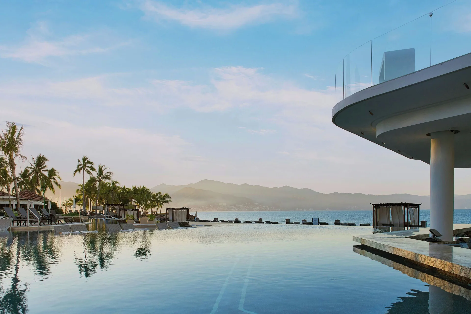 Pool terrace overlooking the bay at Marriott Puerto Vallarta Resort & Spa.