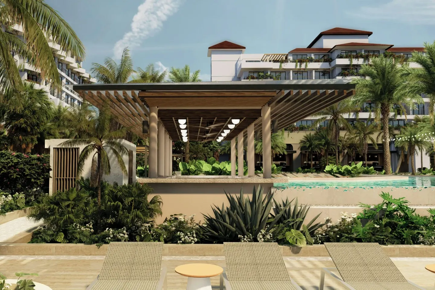 Poolside pavilion and gardens at Marriott Puerto Vallarta Resort & Spa.