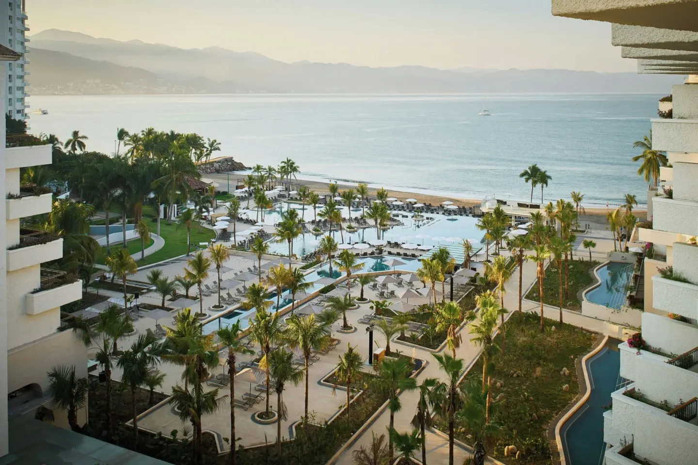 Resort grounds, pools, beach and bay at Marriott Puerto Vallarta Resort & Spa.