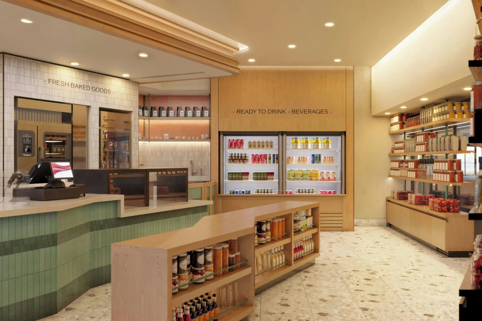 Coffee shop counter with baked goods and chilled drinks at Marriott Puerto Vallarta Resort & Spa.