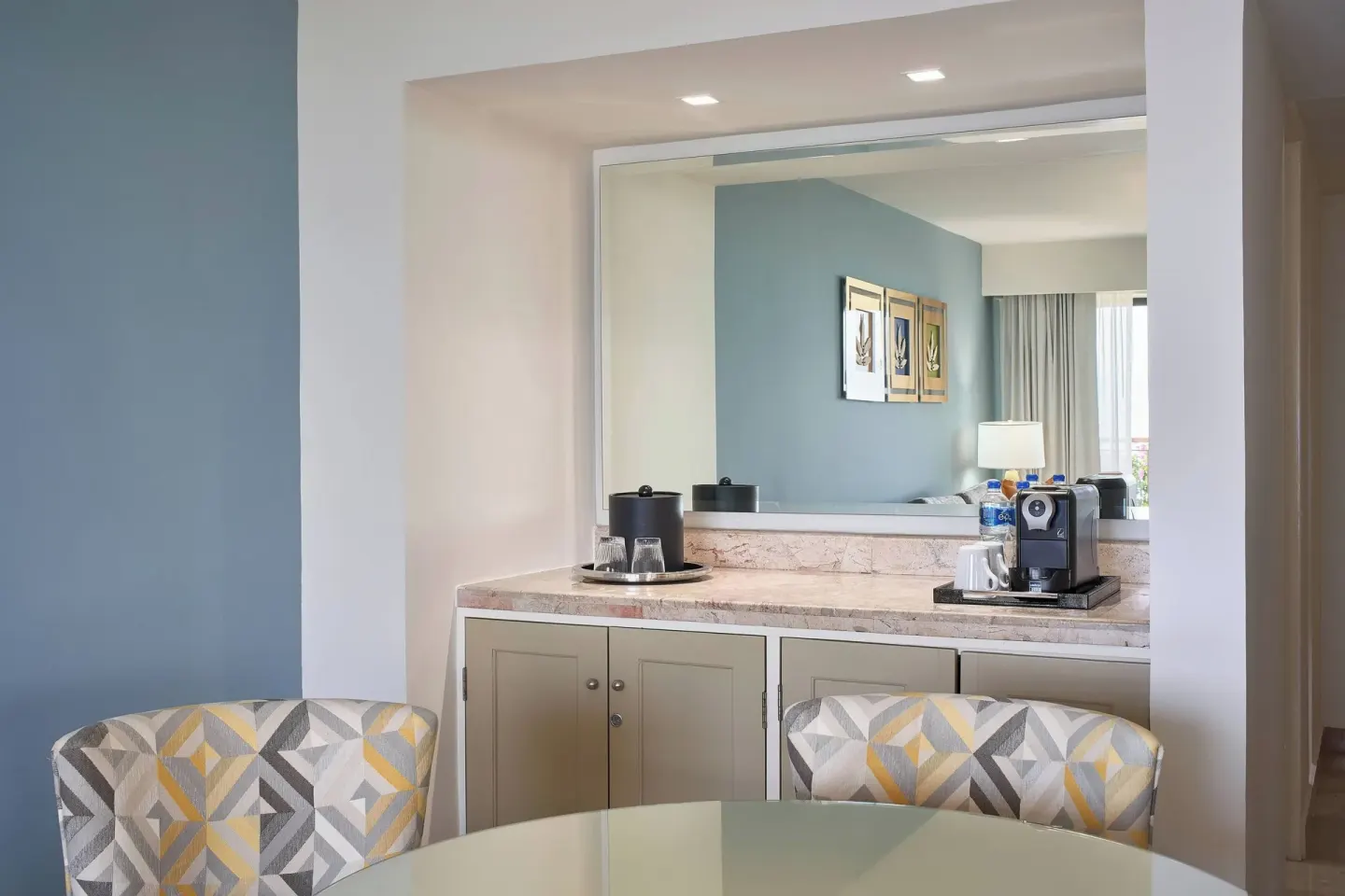 Luxury Suite refreshment counter with coffee setup at Marriott Puerto Vallarta Resort & Spa.