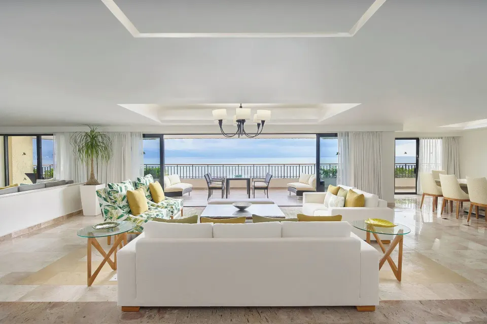 Presidential Suite living room and oceanfront terrace at Marriott Puerto Vallarta Resort & Spa.