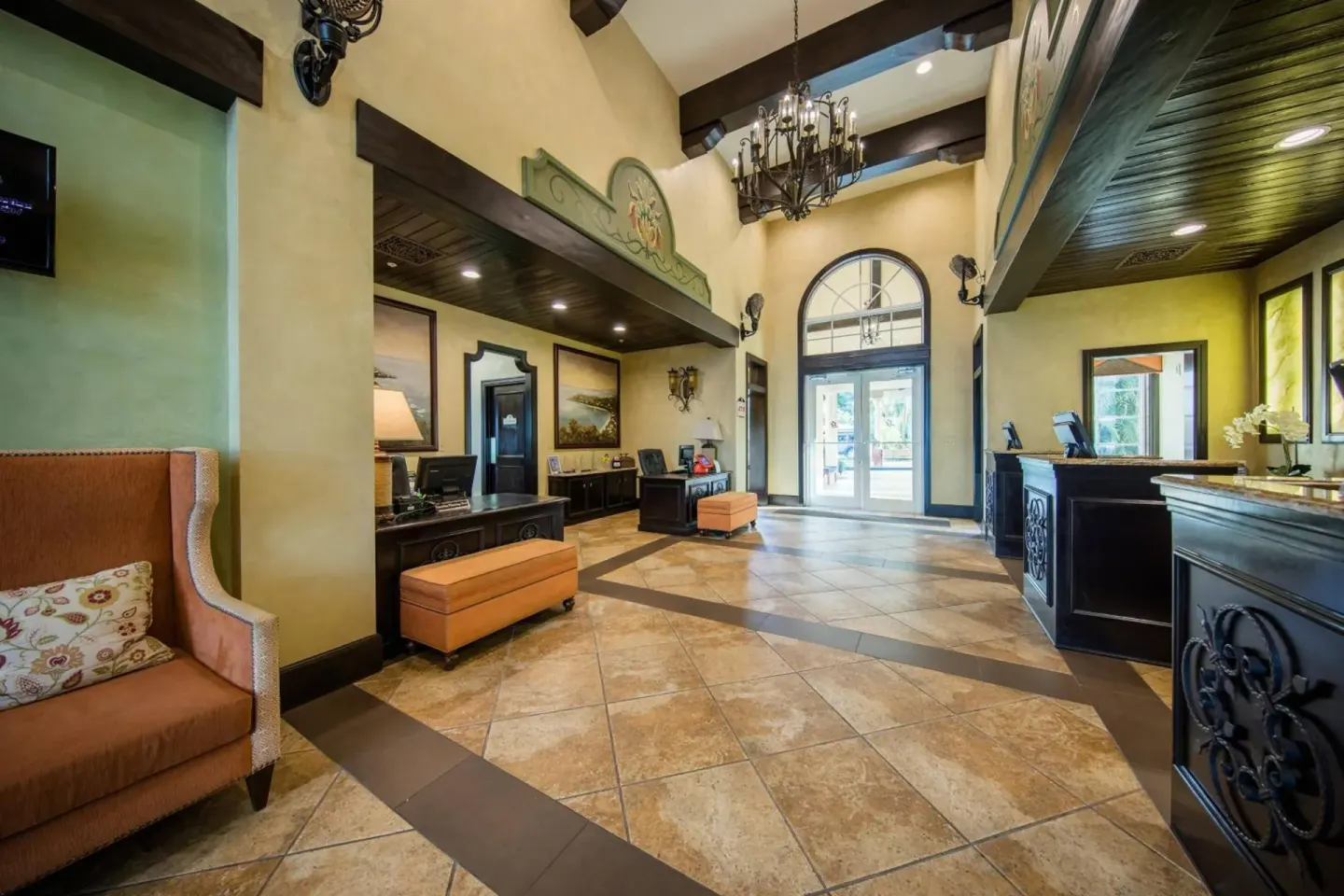 Lobby seating and reception desks at Marriott's Frenchman's Cove.