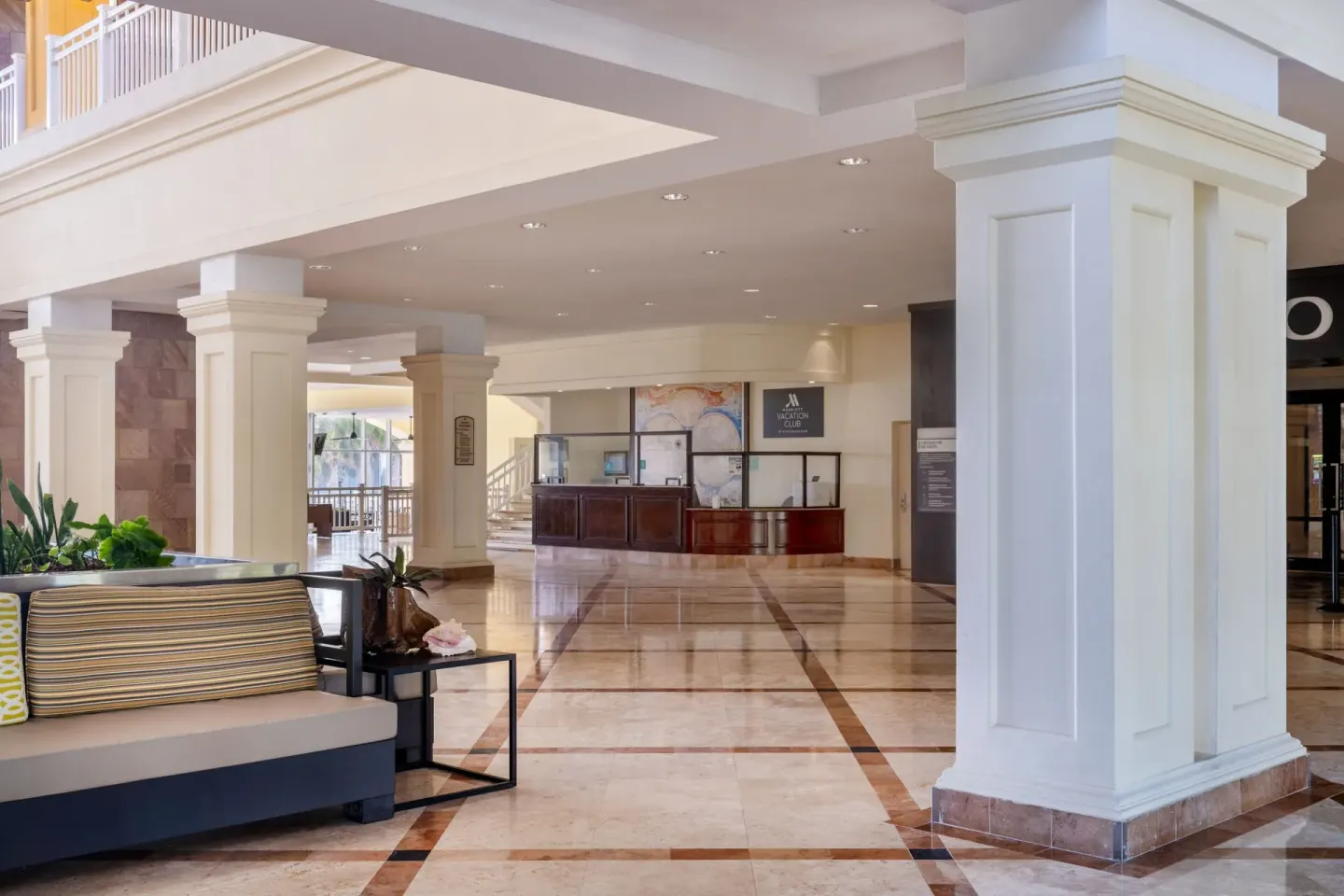 Lobby seating and reception desks at Marriott's St. Kitts Beach Club.