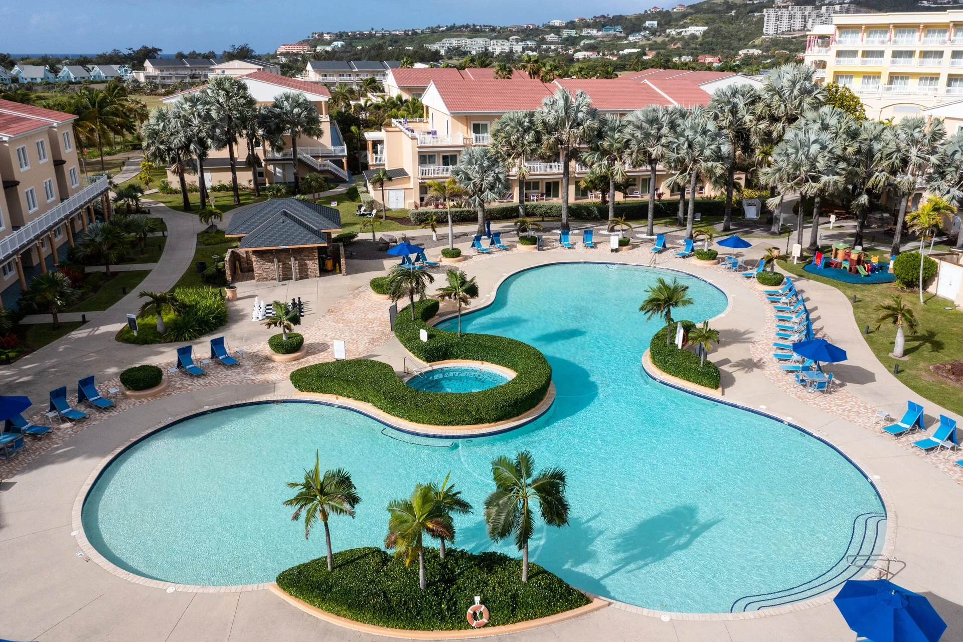 Aerial view of the resort pool and palms at Marriott's St. Kitts Beach Club.