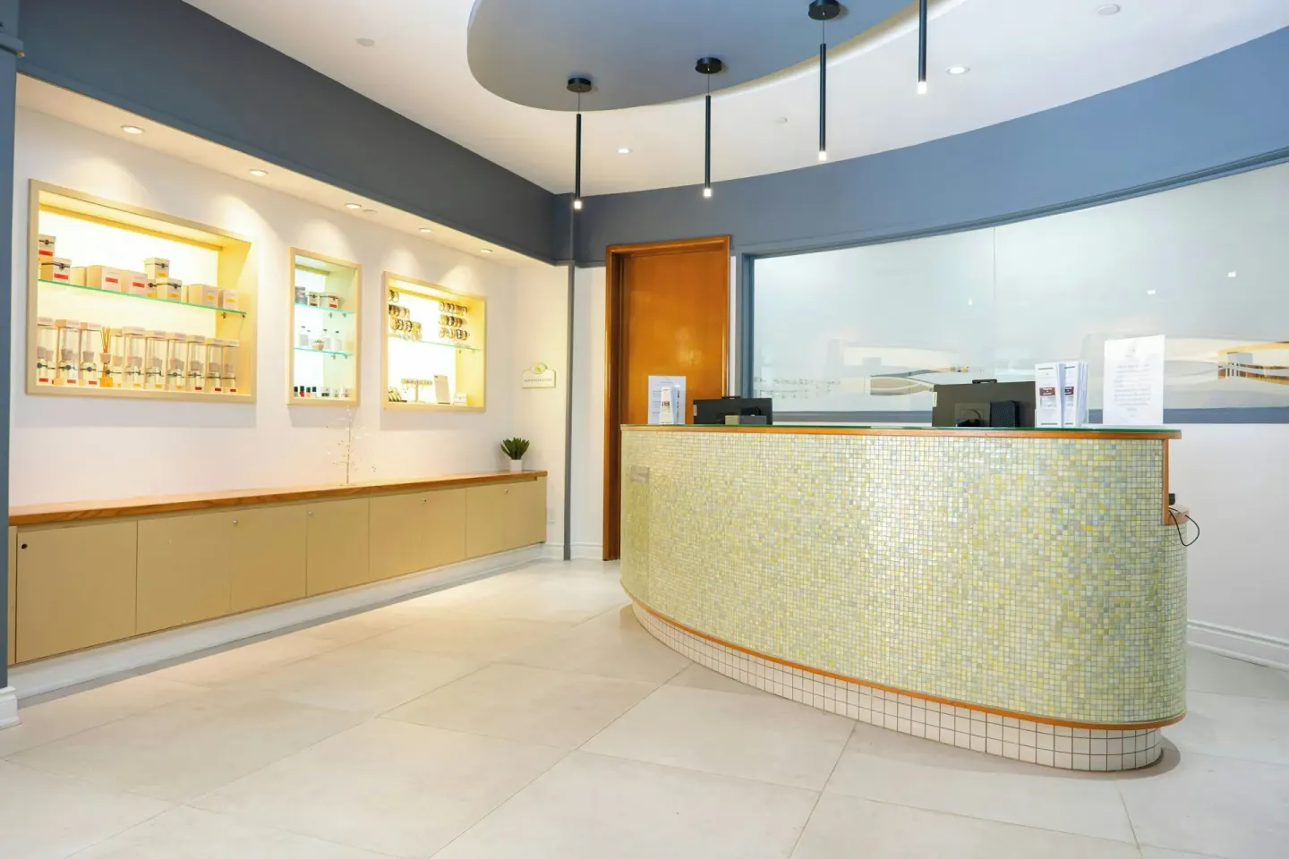 Spa reception desk and product shelves at Marriott's St. Kitts Beach Club.