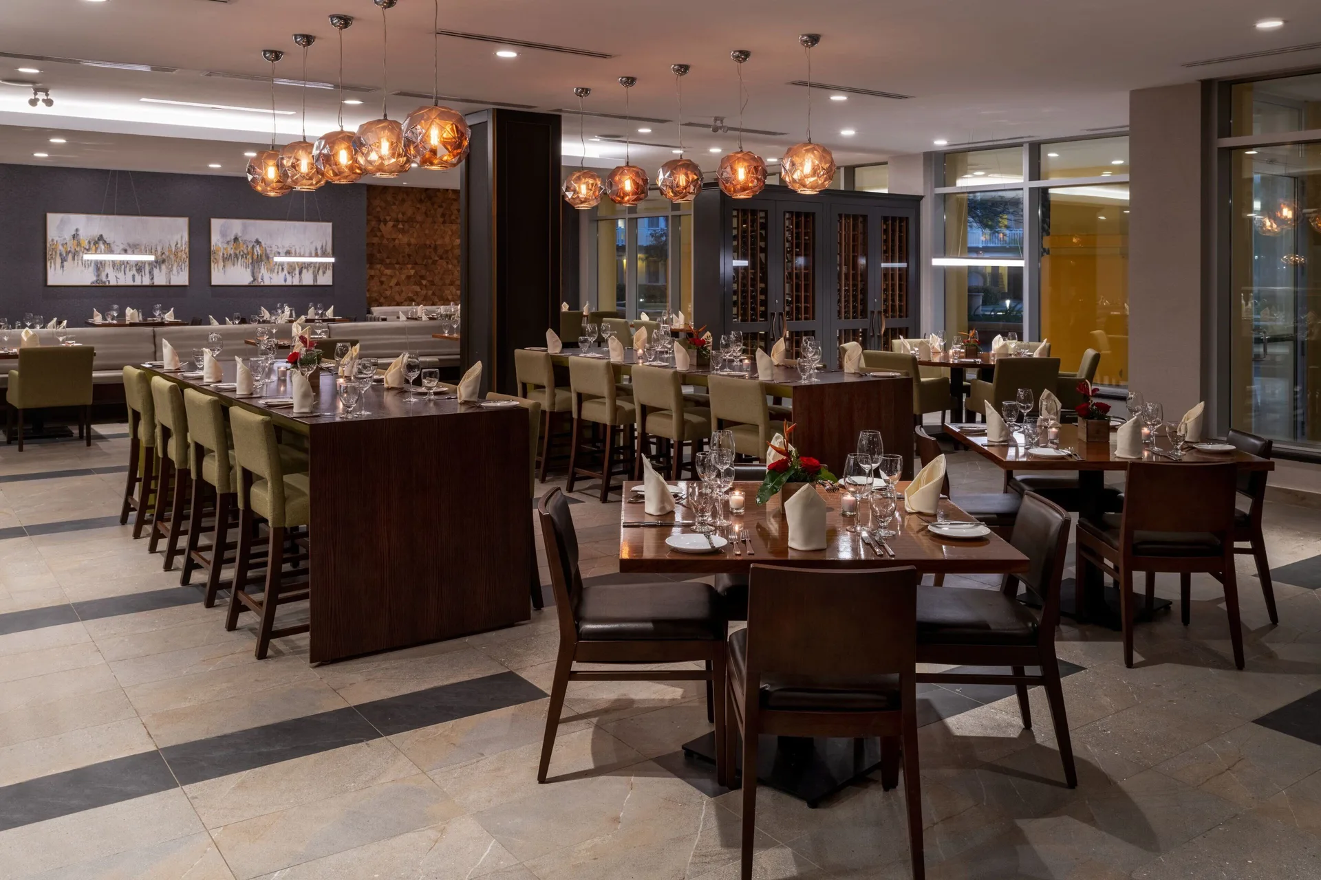 Modern dining room with pendant lights at Marriott's St. Kitts Beach Club.