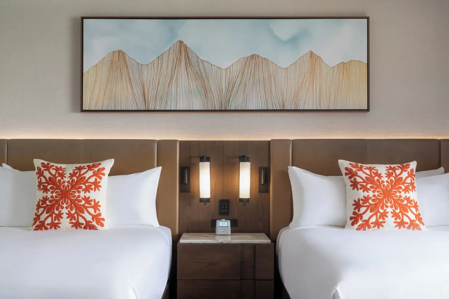 Two-bed Deluxe Golf View Tower room headboards at Mauna Kea Beach Hotel.