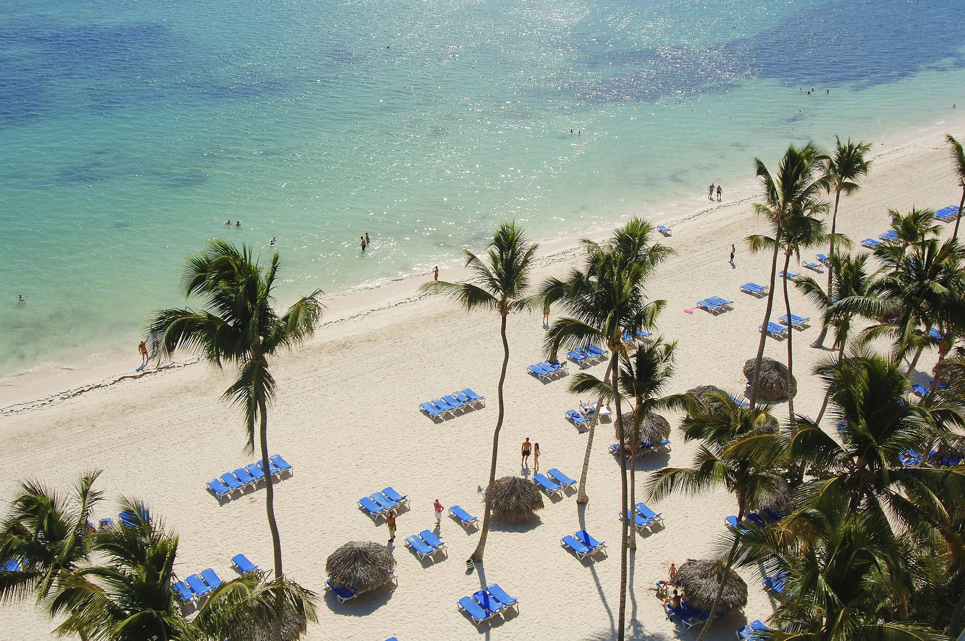 Aerial view of palm-lined beach and turquoise water at Melia Caribe Beach Resort.