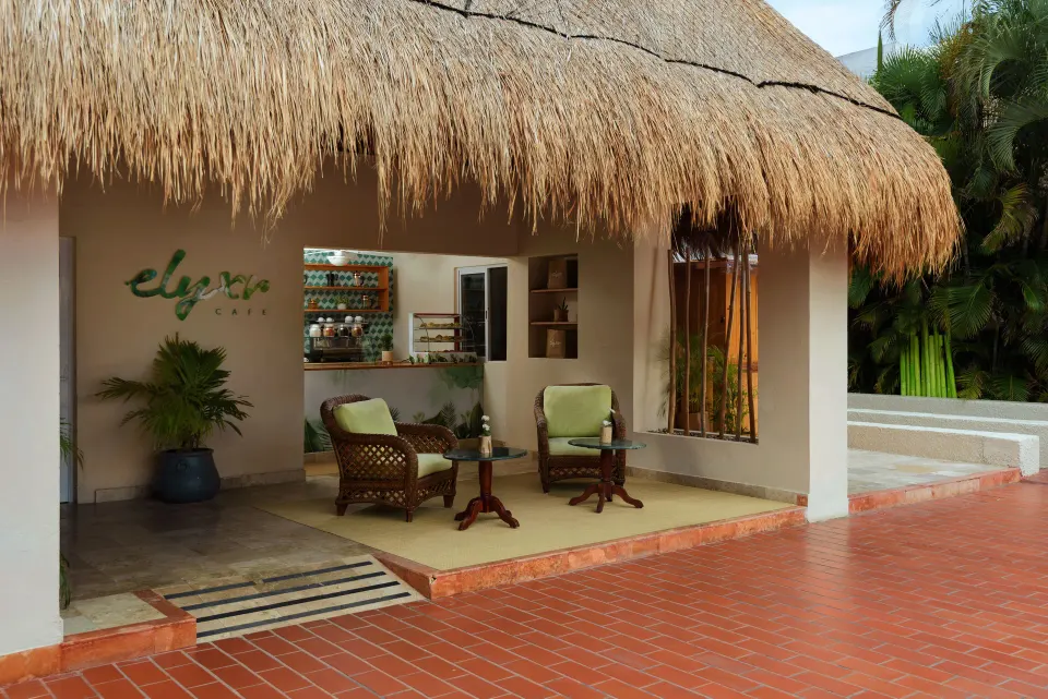 Thatched-roof cafe entrance with wicker chairs at Melia Cozumel.