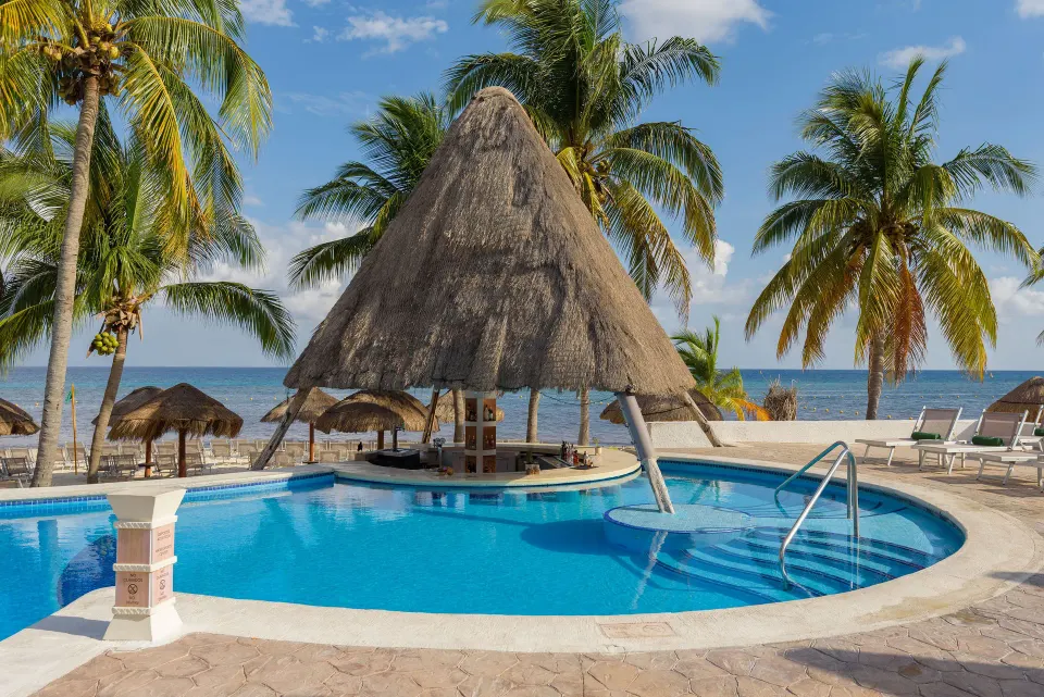 Swim-up pool bar under a thatched palapa surrounded by water and palm trees at Melia Cozumel