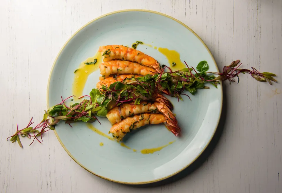 Grilled shrimp with greens and drizzle on a round plate at Melia Cozumel