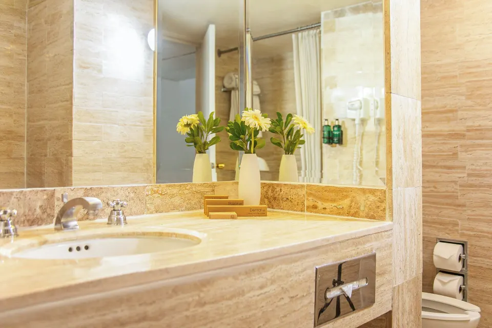 Premium Suite Garden View bathroom sink and mirror at Melia Puerto Vallarta.