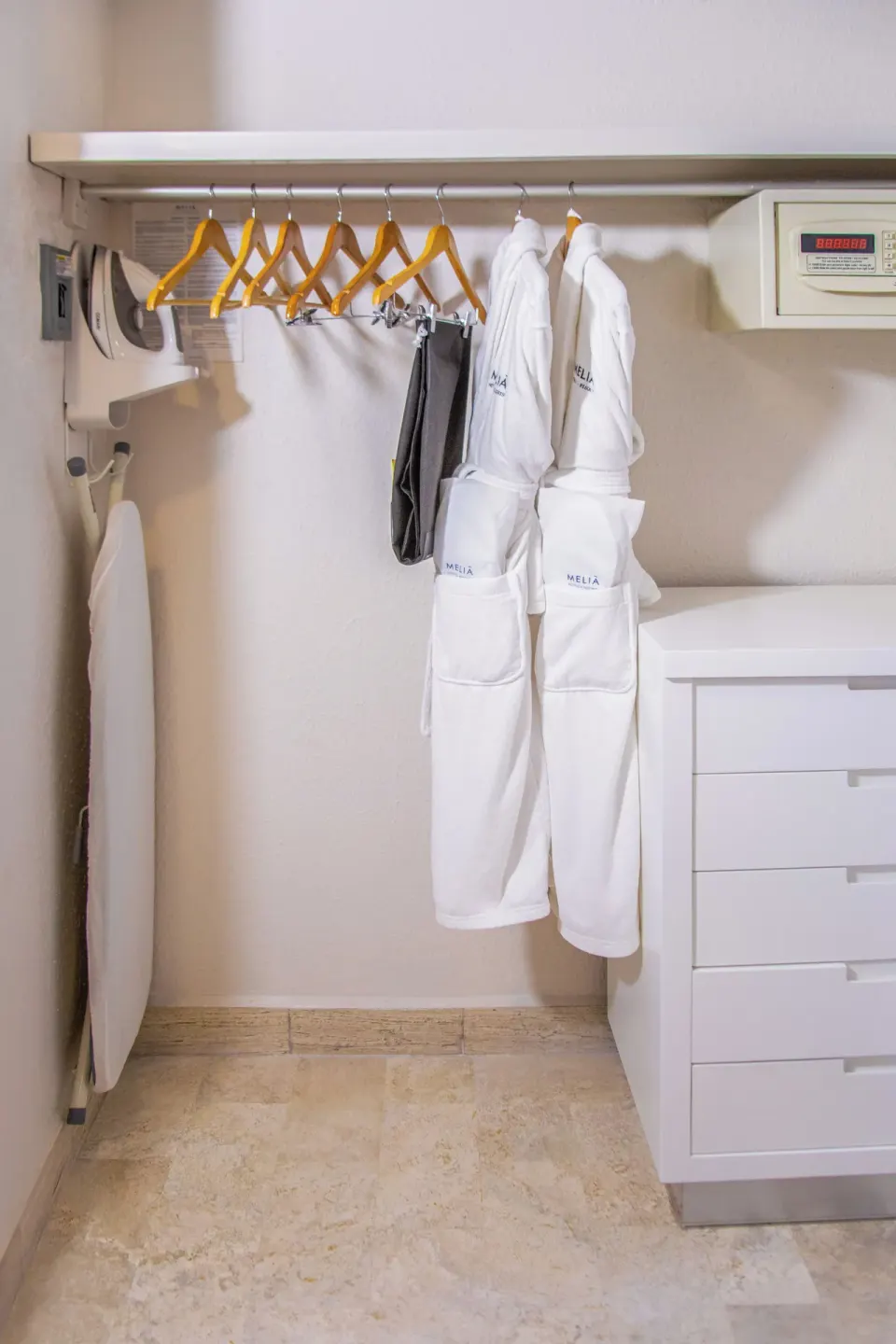 Premium Suite Garden View closet with robes, hangers, safe, and drawers at Melia Puerto Vallarta.
