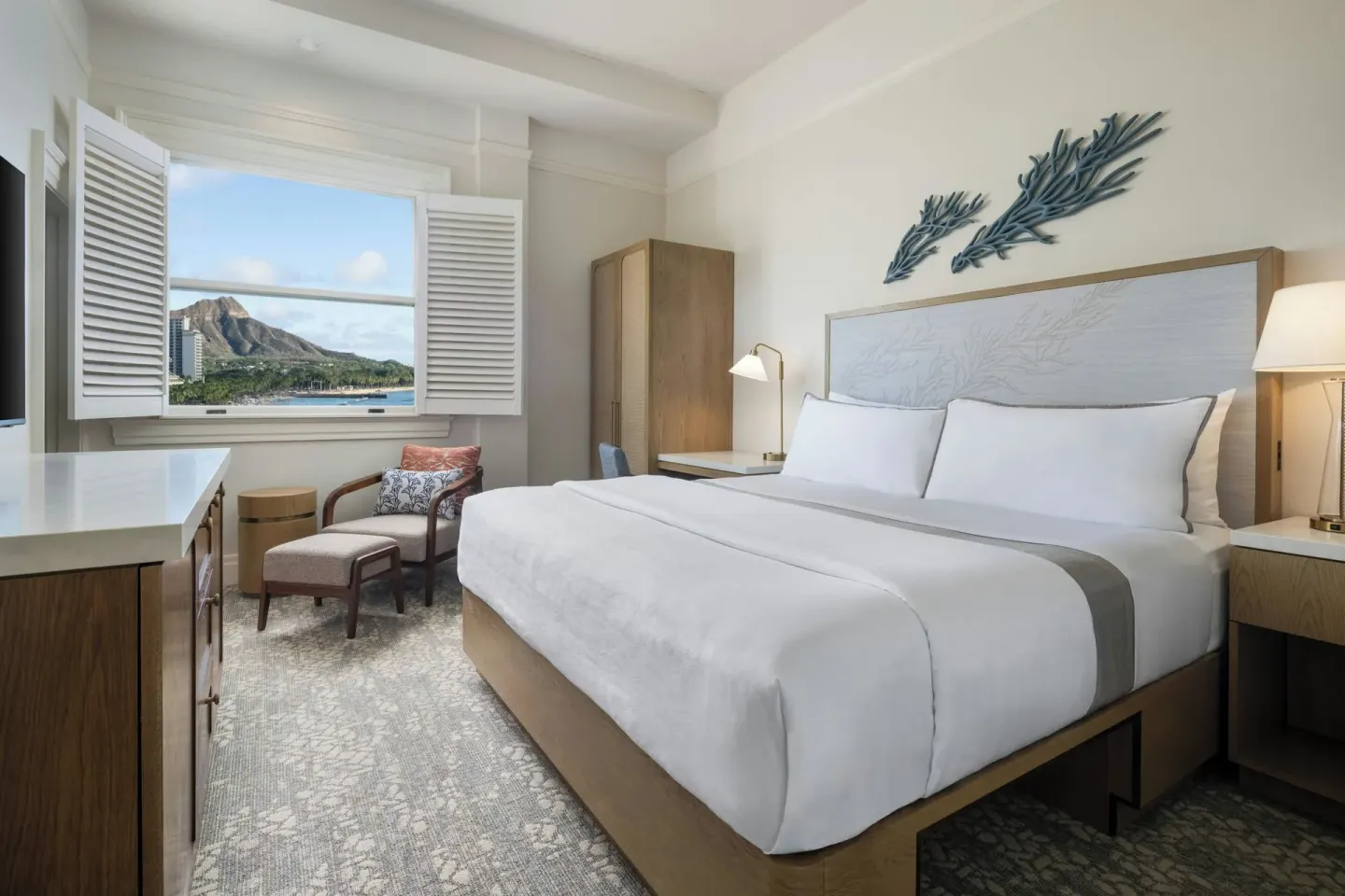 King bed room with Diamond Head view at Moana Surfrider, A Westin Resort & Spa.