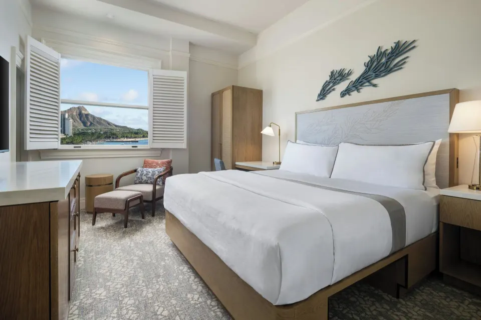 King bed room with Diamond Head view at Moana Surfrider, A Westin Resort & Spa.