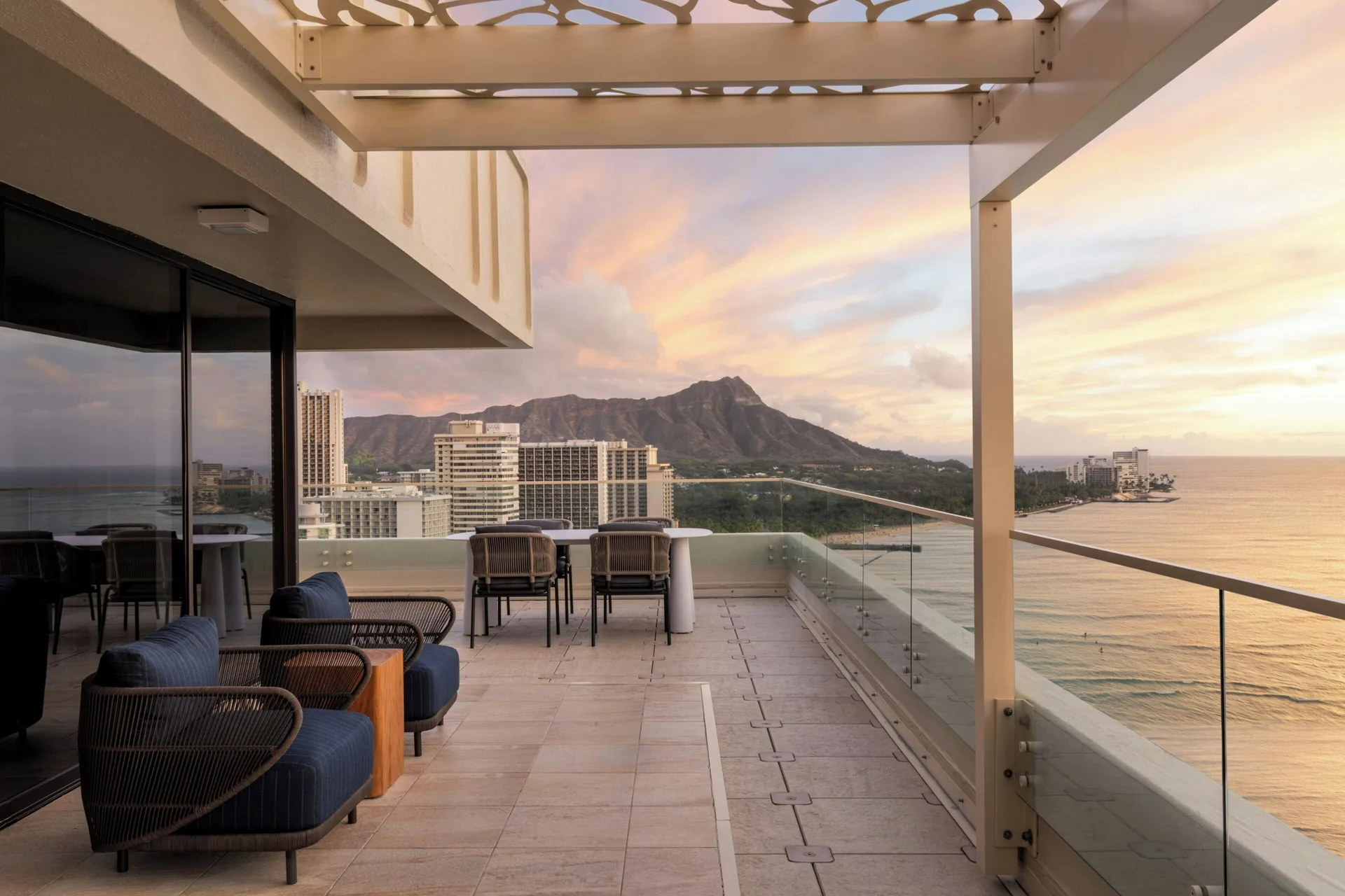 Sunset ocean terrace with Diamond Head view at Moana Surfrider, A Westin Resort & Spa.
