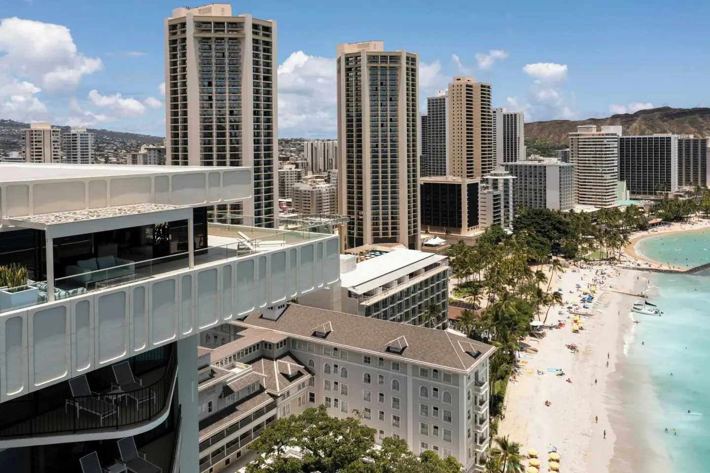 Waikiki skyline and beach from the resort tower at Moana Surfrider, A Westin Resort & Spa.