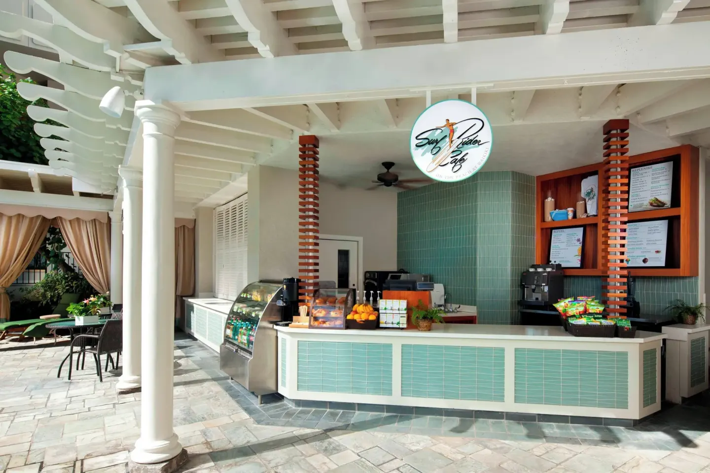 Surfrider Cafe counter and menu boards at Moana Surfrider, A Westin Resort & Spa.