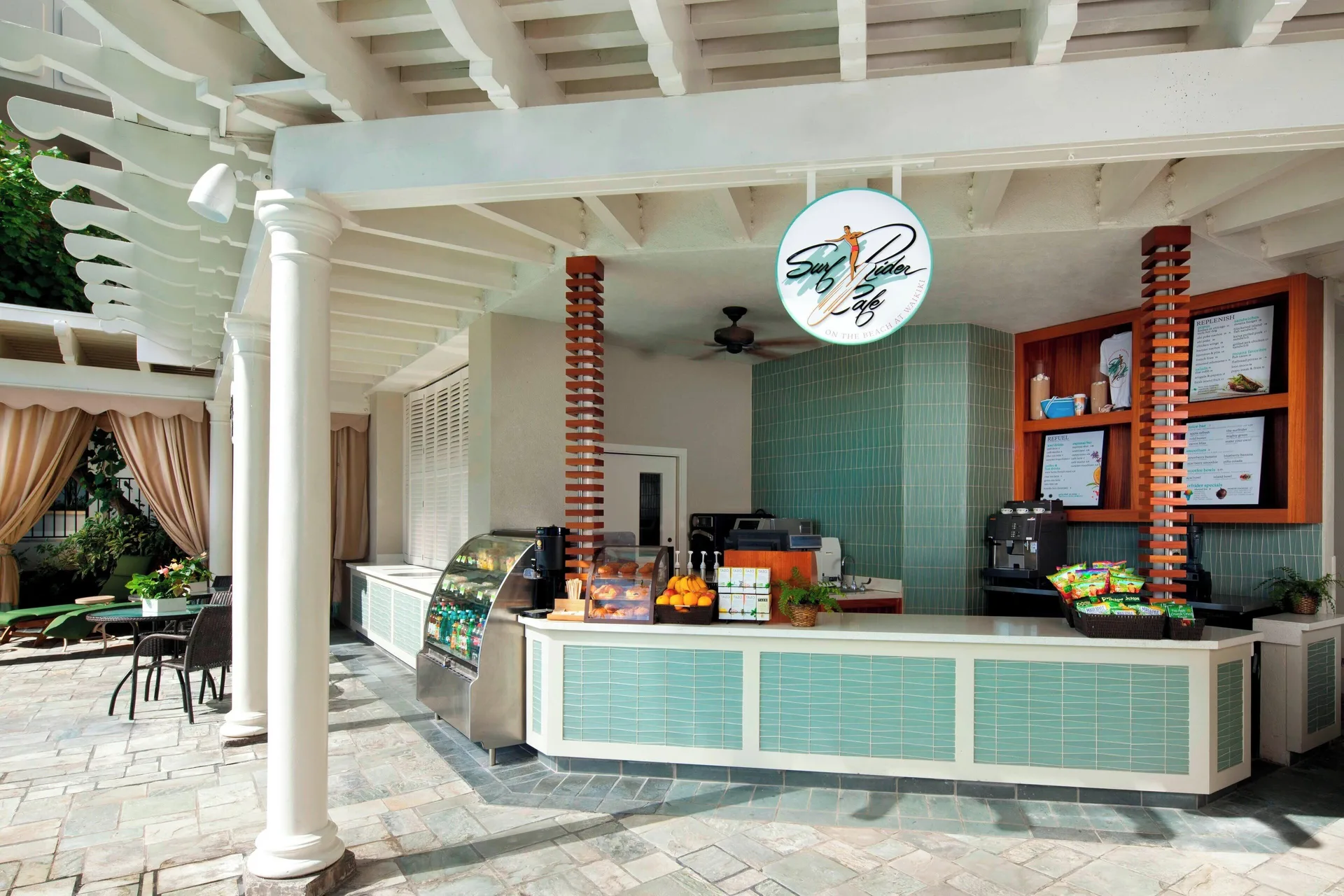 Surfrider Cafe counter and menu boards at Moana Surfrider, A Westin Resort & Spa.