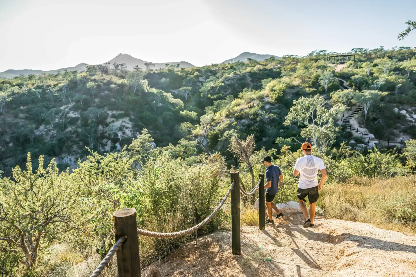 Hikers descending a desert trail with hills and greenery near Montage Los Cabos.