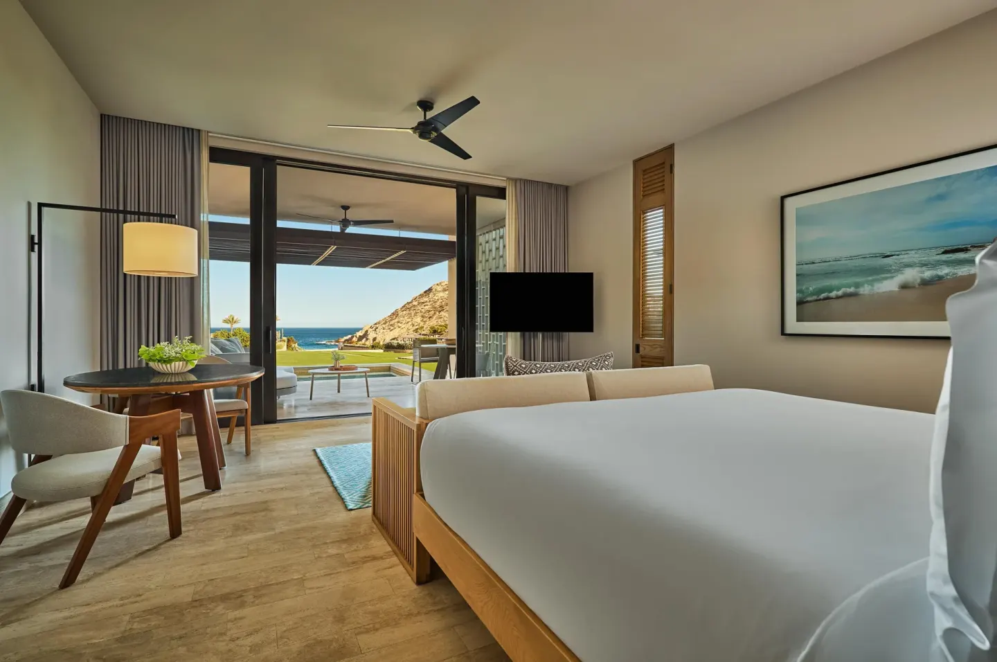 King guest room with terrace and ocean view at Montage Los Cabos.
