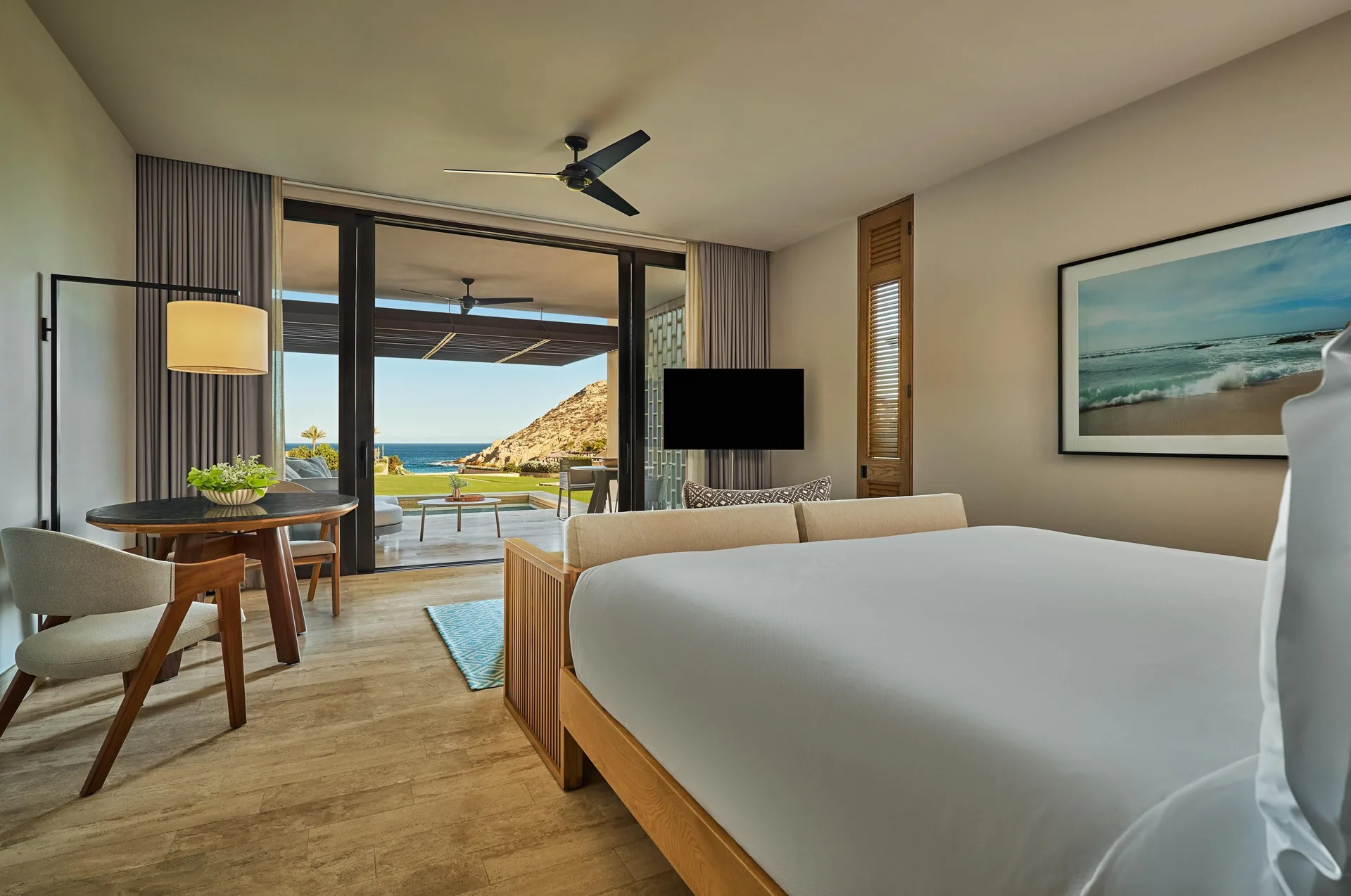 King guest room with terrace and ocean view at Montage Los Cabos.
