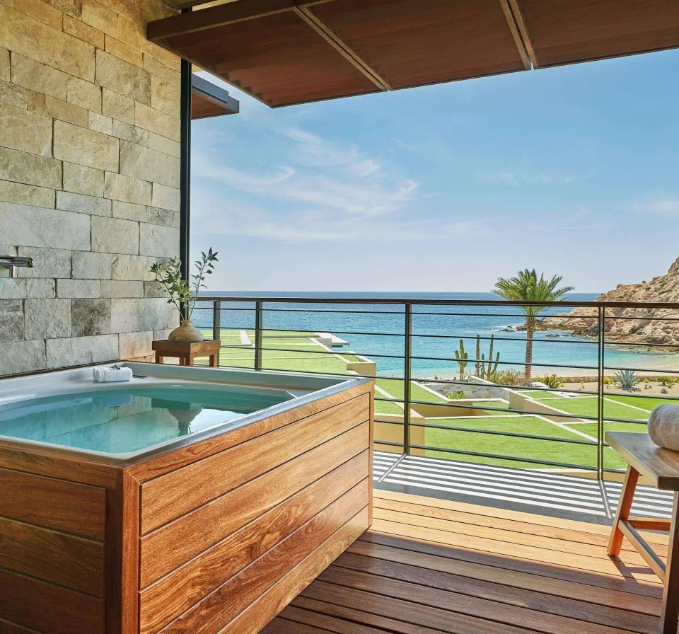 Private terrace plunge pool with ocean and cove views at Montage Los Cabos.
