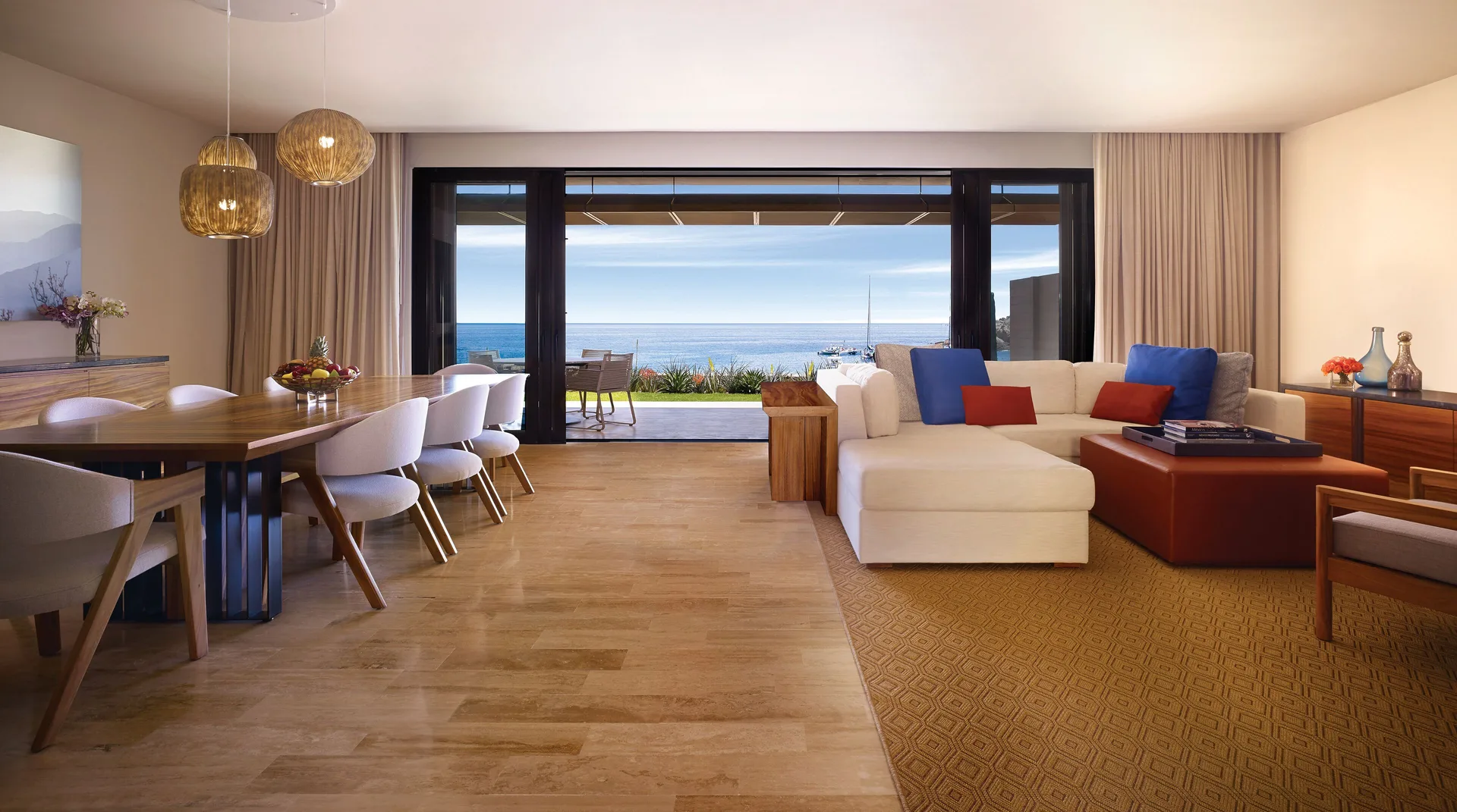 Suite living and dining room with ocean view at Montage Los Cabos.