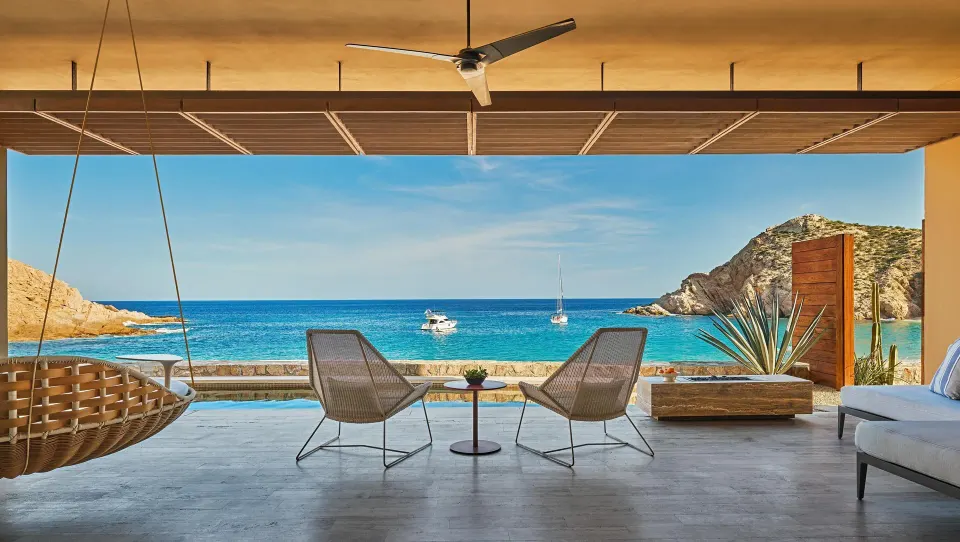Baja Beach Front One Bedroom Suite terrace with pool and bay at Montage Los Cabos.