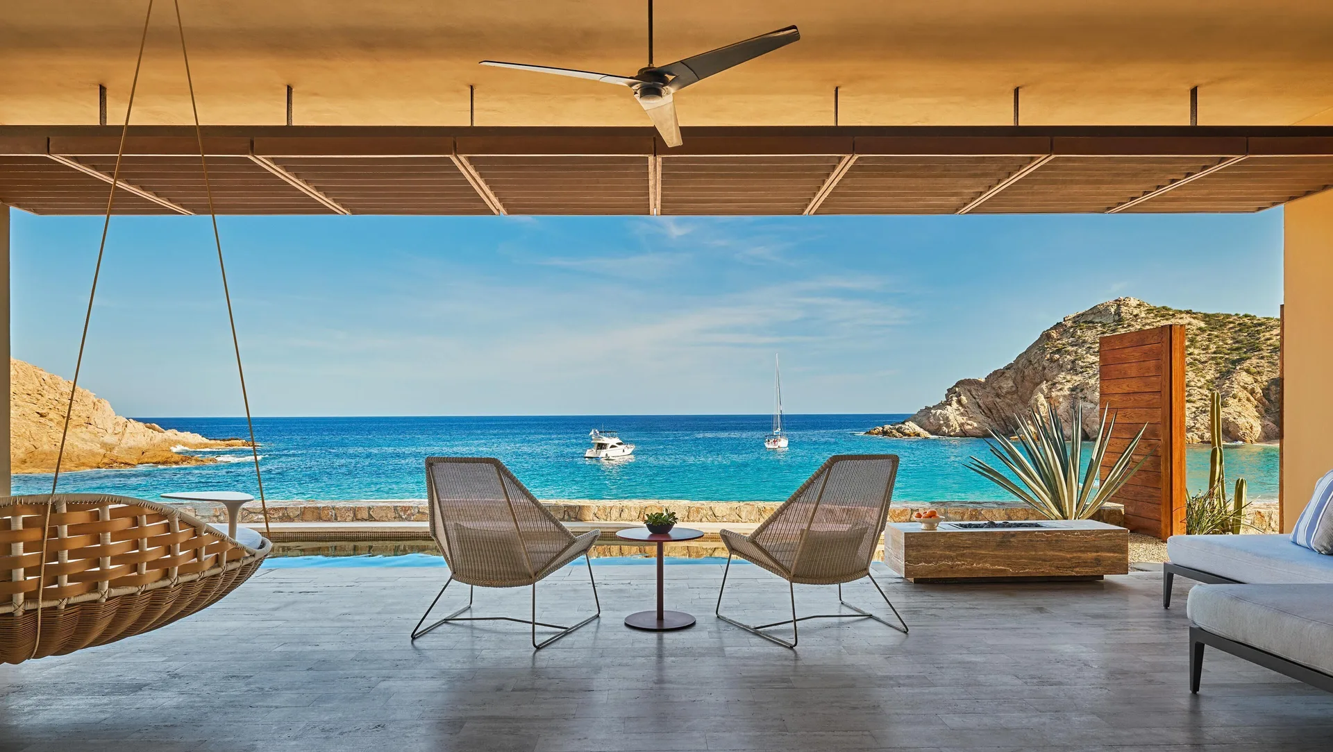 Baja Beach Front One Bedroom Suite terrace with pool and bay at Montage Los Cabos.