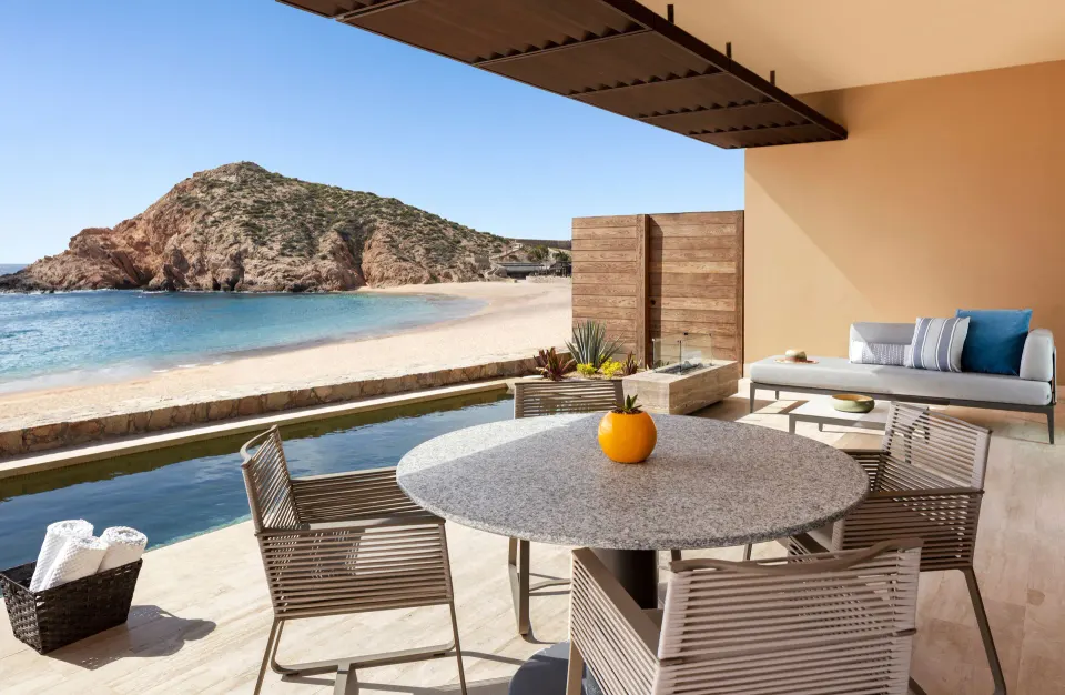Private terrace with plunge pool and beach view at Montage Los Cabos.