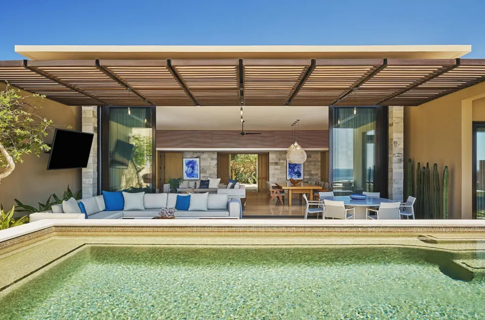 Private pool terrace and indoor-outdoor living space at Montage Los Cabos.