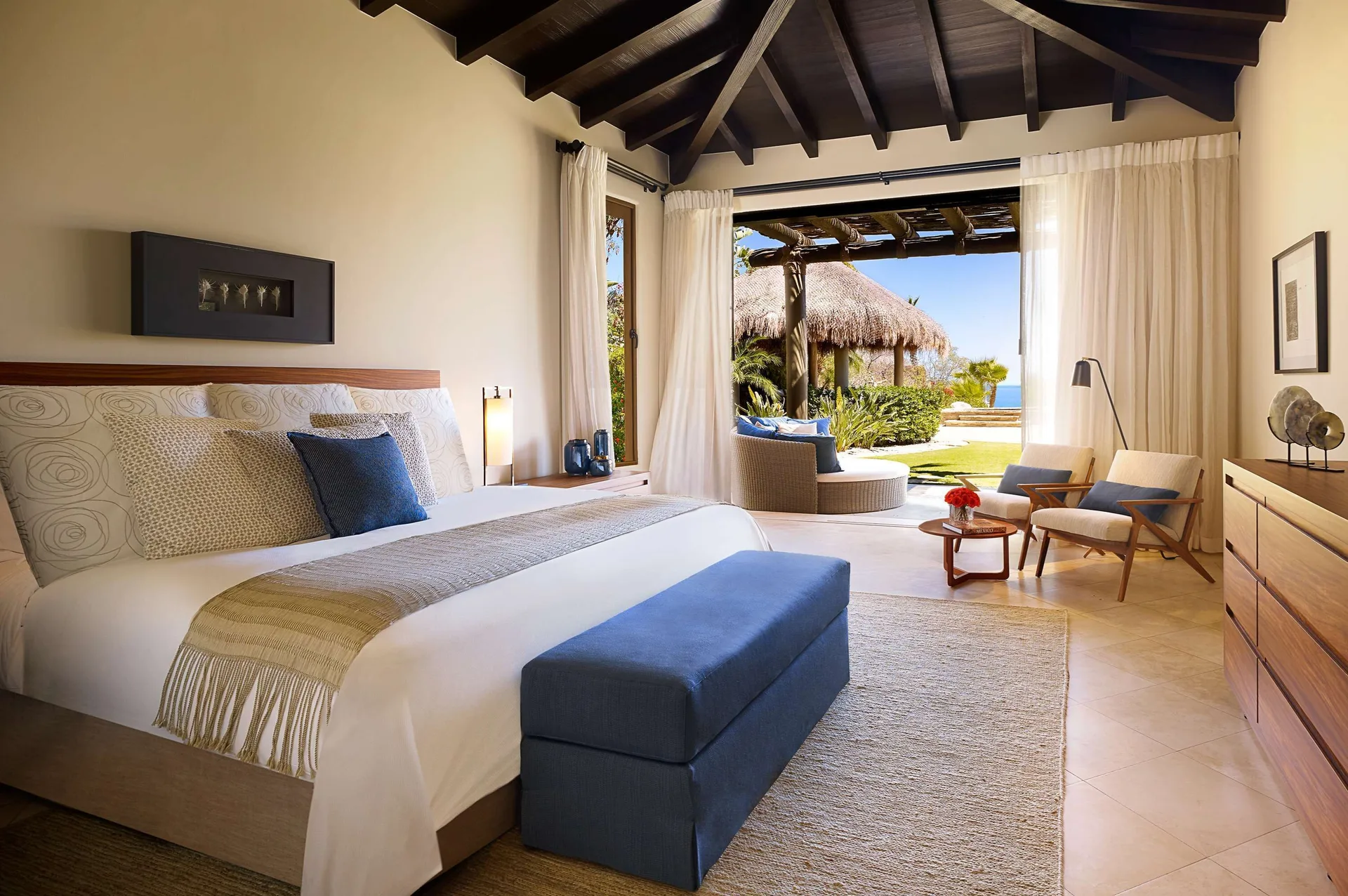 Casa Santa Maria bedroom with king bed and terrace at Montage Los Cabos.