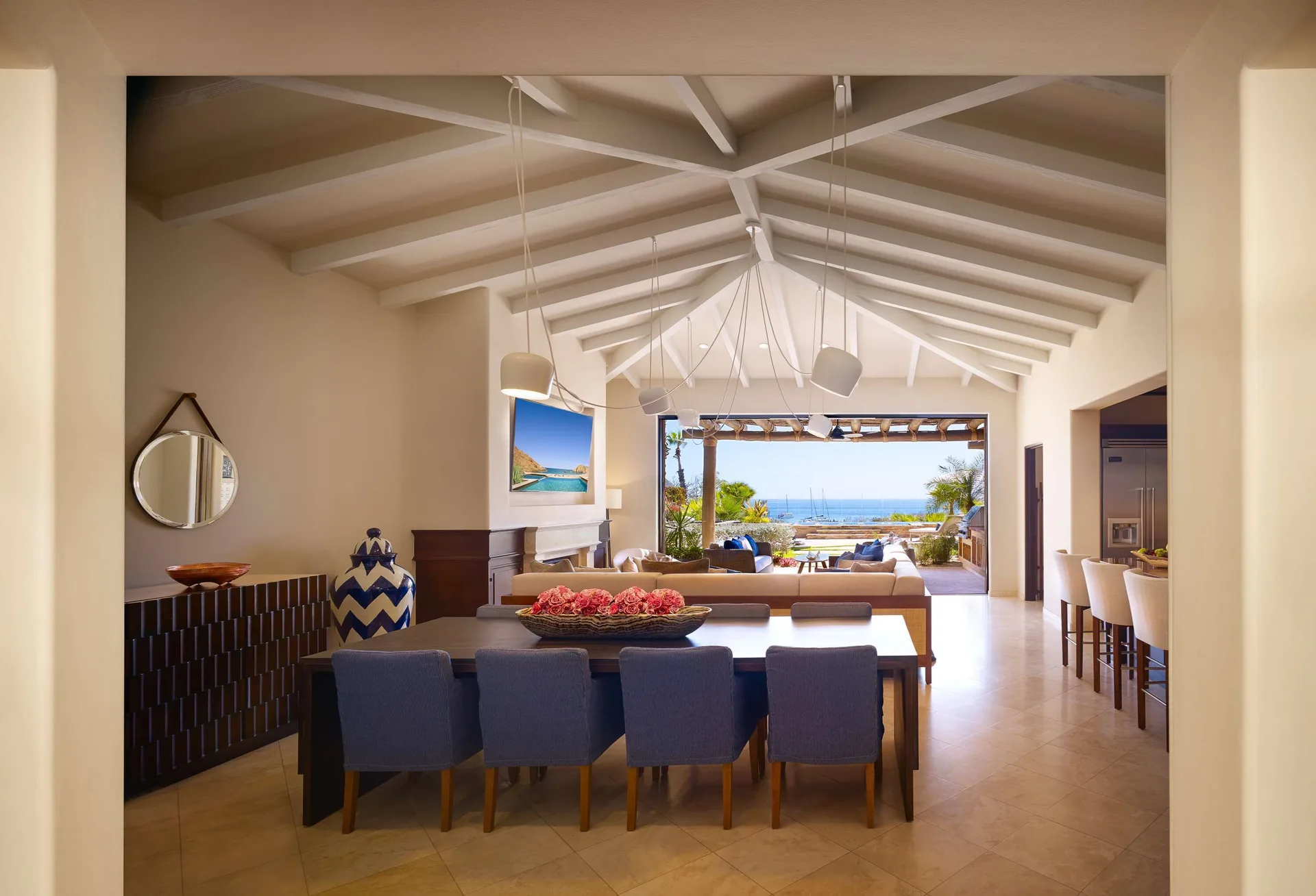 Casa Santa Maria dining and living room with ocean view at Montage Los Cabos.