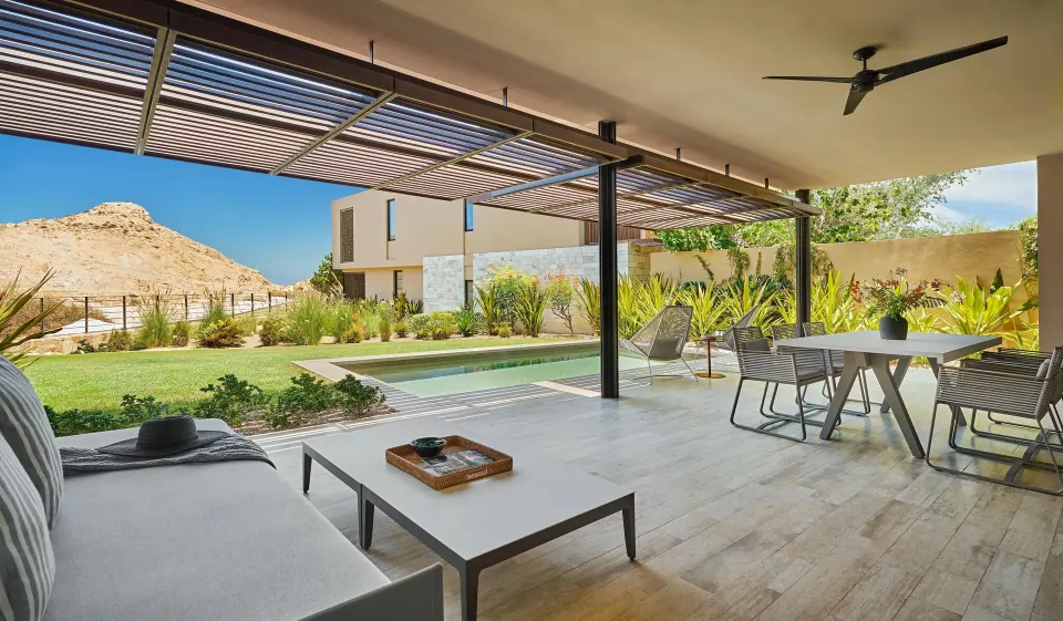 Private suite terrace with pool and hillside view at Montage Los Cabos.