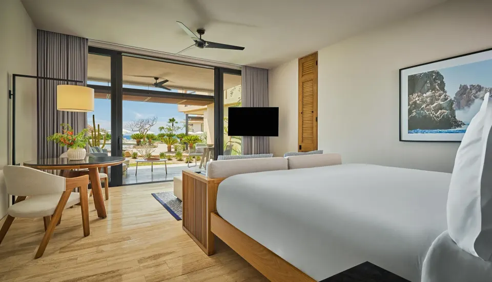 Deluxe Ocean View Room with king bed and patio view at Montage Los Cabos.