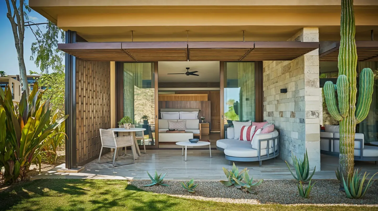 Deluxe Ocean View Room terrace and bed at Montage Los Cabos framed by cactus landscaping.