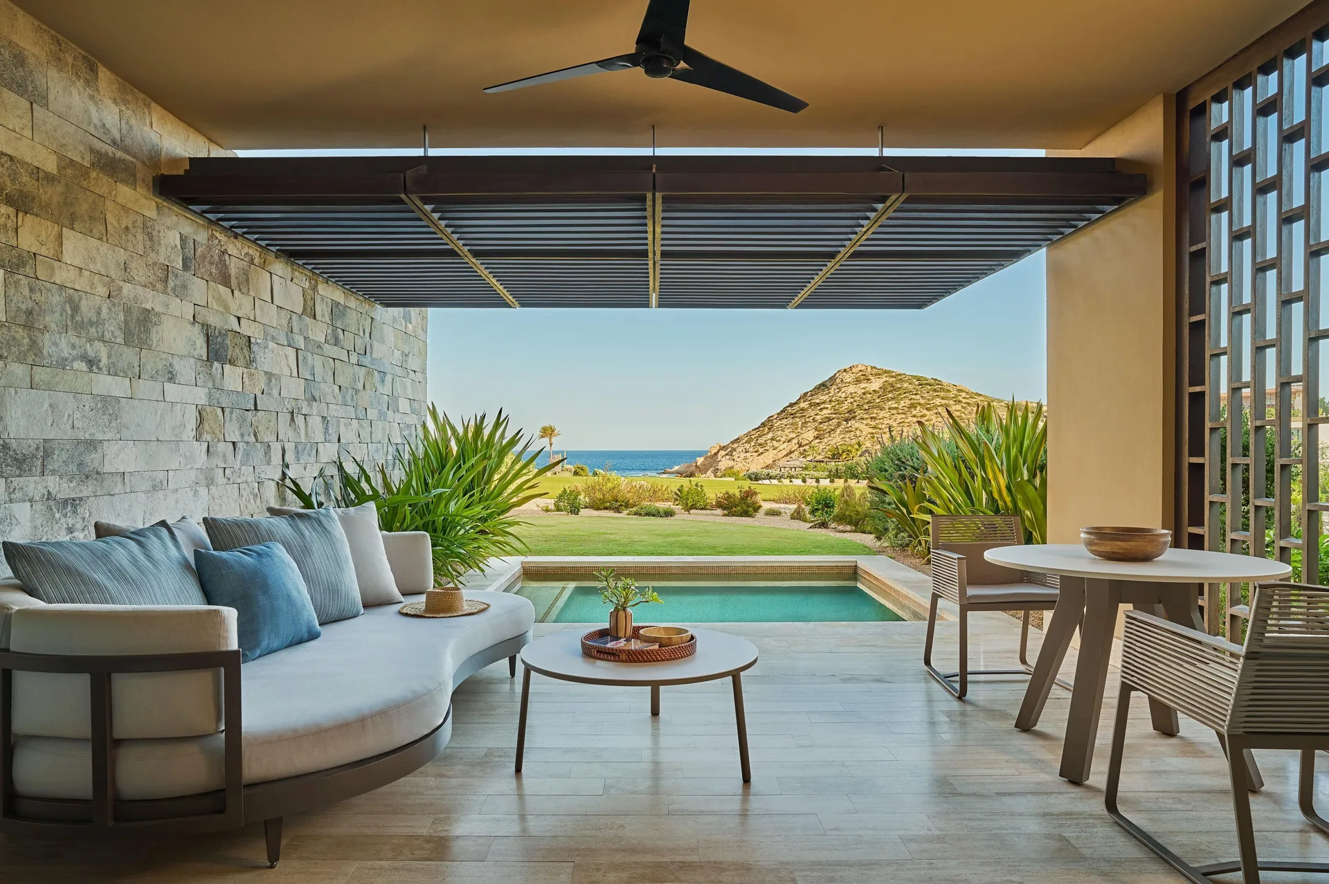 Coastal View Room with Pool at Montage Los Cabos featuring a shaded terrace with private plunge pool and coastal views.