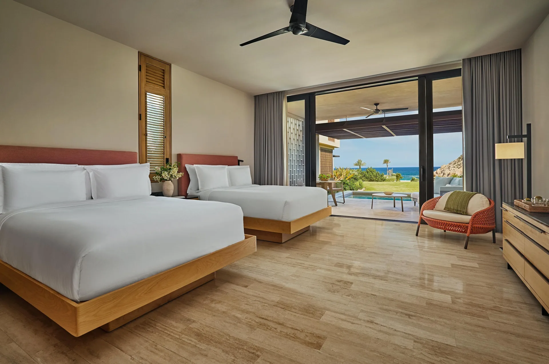 Deluxe Ocean View Room at Montage Los Cabos with two queen beds and contemporary coastal design.