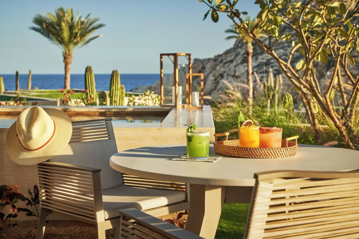 Private pool terrace with drinks at Marea One Bedroom Suite at Montage Los Cabos.